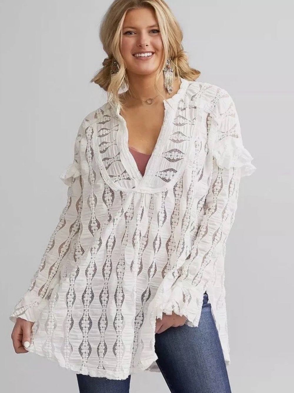 Free People Candy Shop Boho Hippie Tunic Top Ivory Lace XL